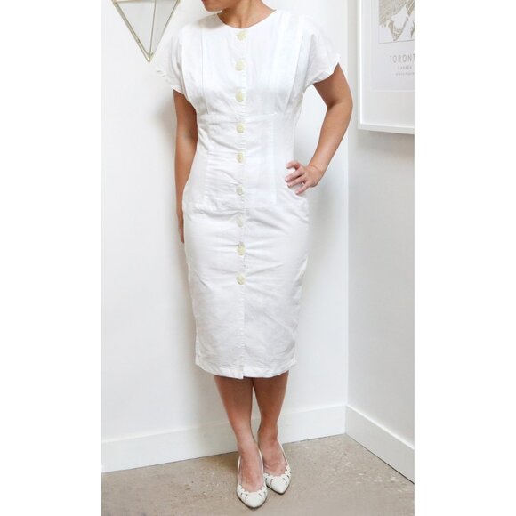 70s Milk White Sundress w/ Lemonade Swirled Buttons, Women's Small Short Sleeve - Picture 2 of 7